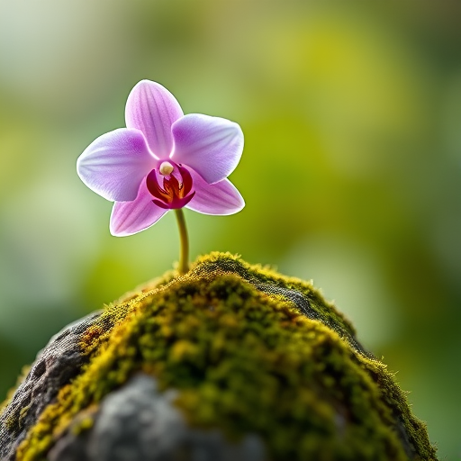 Close-up of a pink orchid flowering atop a mossy rock with a blurred green background, shot with a DSLR camera, 50mm lens, f/2.8 aperture, ISO 100, 1/200s shutter speed, natural light.
