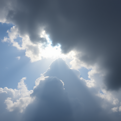 Capture a dramatic sky with fluffy clouds and a hint of sunlight peeking through, using a Canon EOS 5D Mark IV, aperture f/8, shutter speed 1/200s, ISO 100, 50mm lens, natural light, and a slight tilt-up angle for depth.