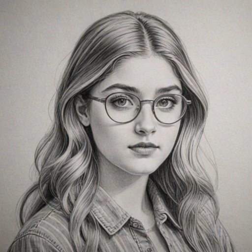 Gorgeous Willow Shields, pencil sketch, portrait of Sublime woman 1963s in glasses, hair style beatnik, outline, clear lines, fine lines, 8k