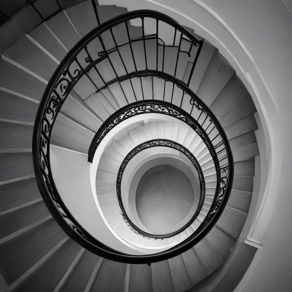 a winding staircase captured from above in black and white, showcasing the curves and shadows of the steps and railing, with a minimalistic and elegant design