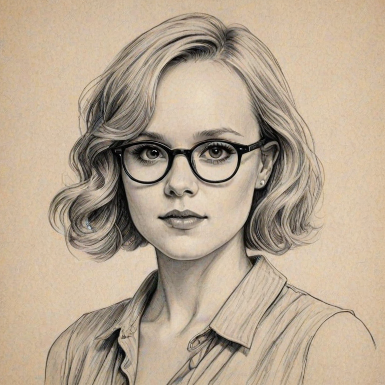 Delightful Alison Pill, pencil sketch, portrait of Alluring woman 1927s in glasses, hair style beatnik, outline, clear lines, fine lines, 8k