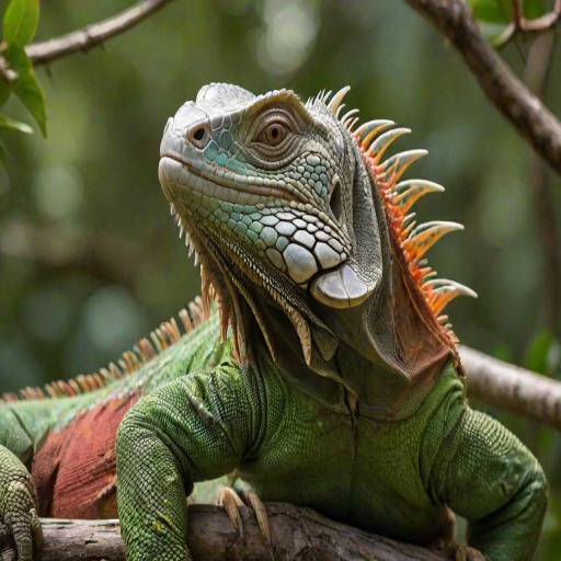 Create a close-up image of an iguana resting on a branch, showcasing its textured skin, vibrant colors, and distinctive spines along its back.