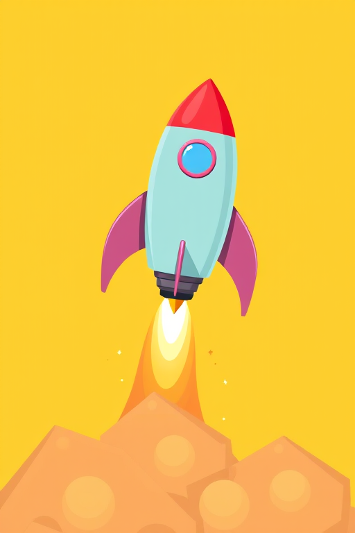 digital illustration of a cartoon rocket launching with a bright yellow background, high resolution, shot with a Canon EOS R5, 50mm lens, f/1.8 aperture, ISO 100, top-down view, vibrant colors