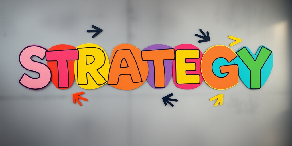 create a vibrant and colorful illustration of the word "STRATEGY" using playful circular letters with arrows surrounding it, captured with a high-resolution DSLR camera at f/4 aperture, 50mm lens, ISO 100, natural light, and a shallow depth of field to enhance focus on the text while softly blurring the background