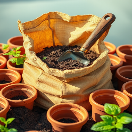 create a vibrant and detailed illustration of a bag of soil with a trowel, surrounded by empty terracotta pots, using a DSLR camera with a macro lens, f/2.8 aperture, ISO 100, 1/200s shutter speed, natural light to enhance color and texture.