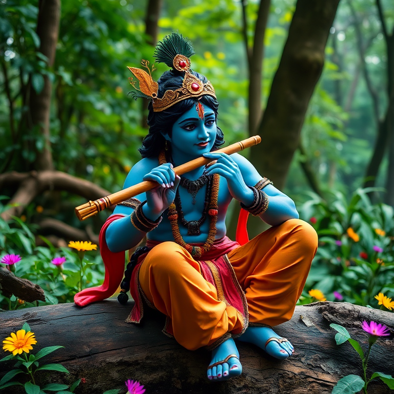 Generate a vibrant and richly detailed image of a blue-skinned Krishna playing the flute, seated on a log in a lush forest, surrounded by greenery and colorful flowers, using a Canon EOS R5, 50mm lens, f/1.8 aperture, ISO 100, with soft natural lighting to enhance the colors and textures.