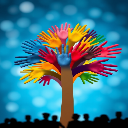 Create an image of a colorful tree made of hands against a blue bokeh background, focus on silhouettes of people at the base, shot with a DSLR camera at f/5.6, ISO 200, 50mm lens, with a shallow depth of field for a soft focus effect.