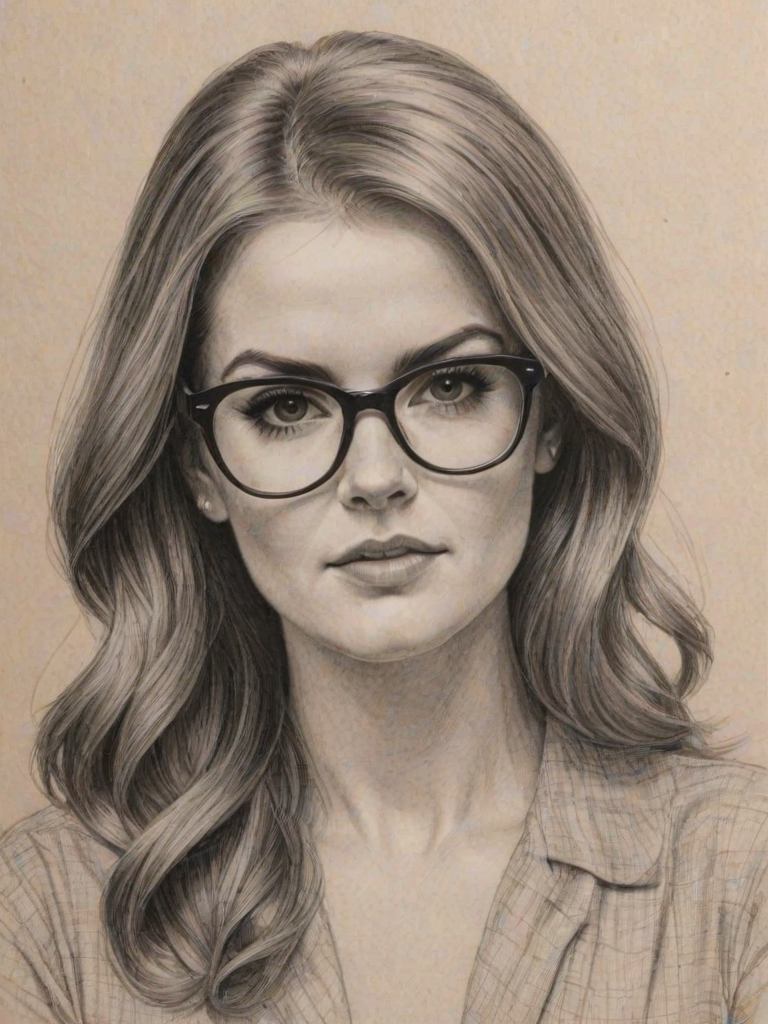 Charming Isla Fisher, pencil sketch, portrait of Bewitching woman 1935s in glasses, hair style beatnik, outline, clear lines, fine lines, 8k