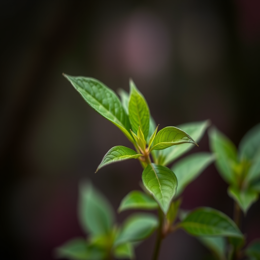Capture a high-resolution image of a plant with vibrant green leaves against a blurred background, using a DSLR camera at f/2.8 aperture, ISO 100, 1/200s shutter speed, focusing on the leaves with a macro lens from a close-up perspective for enhanced detail and depth.