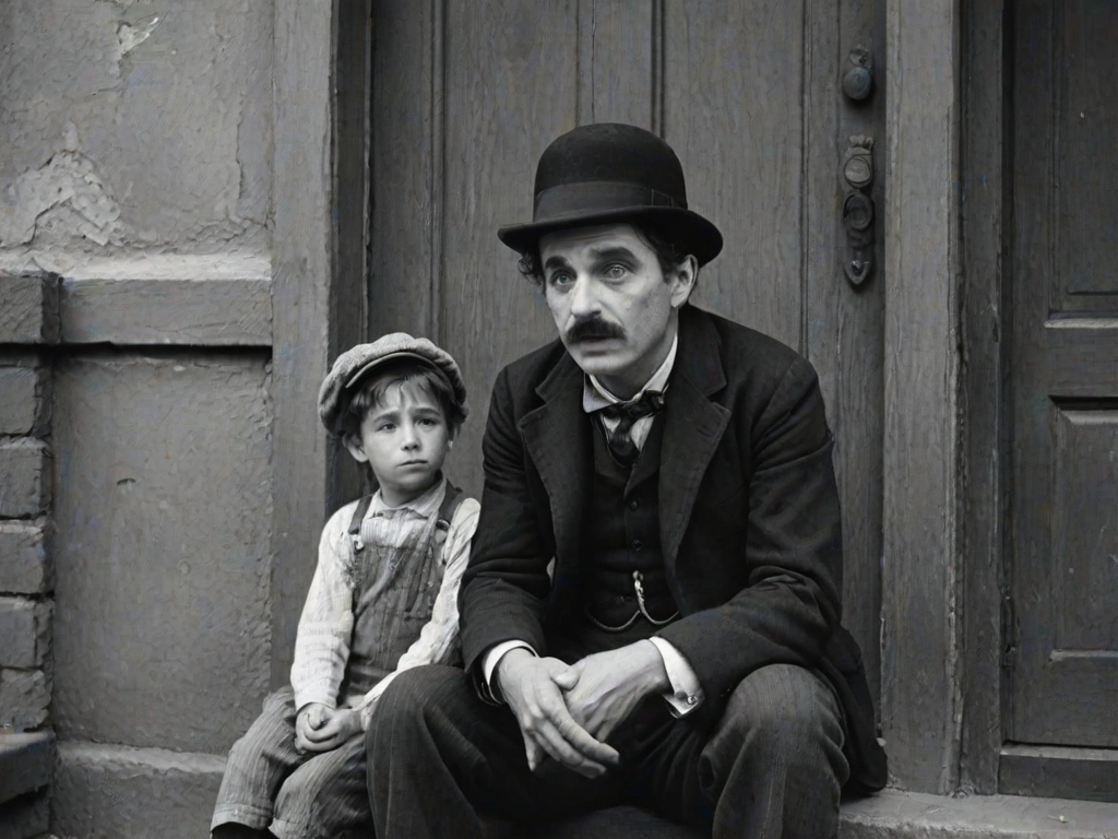 A black-and-white photograph of a man and a child sitting on steps in front of a doorway. The man is dressed as a tramp with a bowler hat, mustache, and ragged clothes, reminiscent of Charlie Chaplin's iconic look. He is sitting with his arms crossed and an expression of slight sadness or frustration. Next to him is a young boy, also in worn clothes and a cap, sitting with his hands clasped, looking thoughtful. The background is an old, textured wall and a partially open door, creating a vintage, early 20th-century atmosphere.