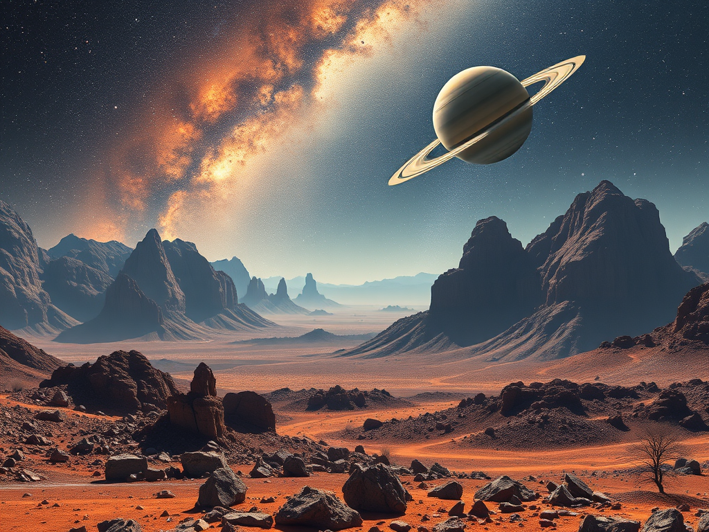 create an image of a stunning alien landscape featuring dramatic mountain ranges and rocky terrain with a view of Saturn in the sky, surrounded by stars and cosmic dust, showcasing a vibrant galaxy in the background