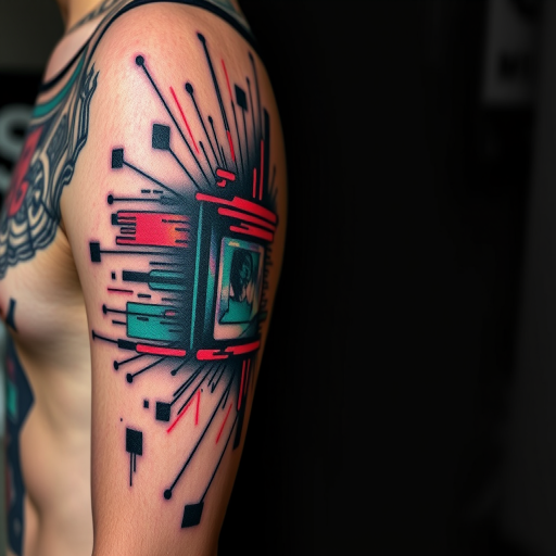 Glitch art tattoo called "Digital Disruption" incorporating pixelated elements and distorted imagery to create a unique cyberpunk-inspired design that appears to malfunction