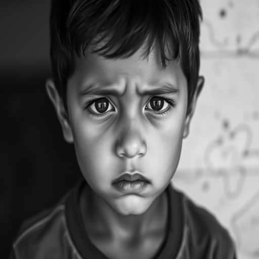 portrait of a young boy with a concerned expression, showing emotion, soft natural lighting, shallow depth of field, 50mm lens, f/1.8 aperture, ISO 200, taken with a DSLR camera, black and white style