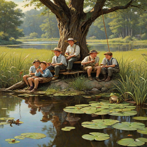 Imagine a small group of old fashioned young boys out fishing by the creek, a swing hanging from a tree branch, reeds and grasses by the water's edge, a frog sitting on a lily pad, dragonflies hovering over som water plans, a very iconic old fashioned scene reminiscent of a Norman Rockwell painting style
