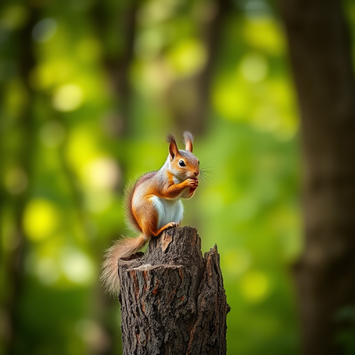 squirrel sitting on a tree trunk in a vibrant green forest, shallow depth of field, soft bokeh background, canon EOS 5D Mark IV, 85mm lens, f/2.8, ISO 100, 1/200s, natural light