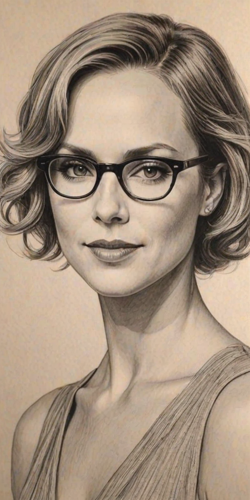 Comely Melora Hardin, pencil sketch, portrait of Graceful woman 1926s in glasses, hair style beatnik, outline, clear lines, fine lines, 8k
