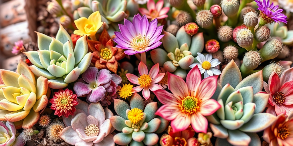 Create a highly detailed botanical illustration featuring a variety of succulents and flowers, using a macro lens at f/2.8 aperture, 50mm focal length, and natural light to enhance the textures and colors, with a soft, blurred background for depth.