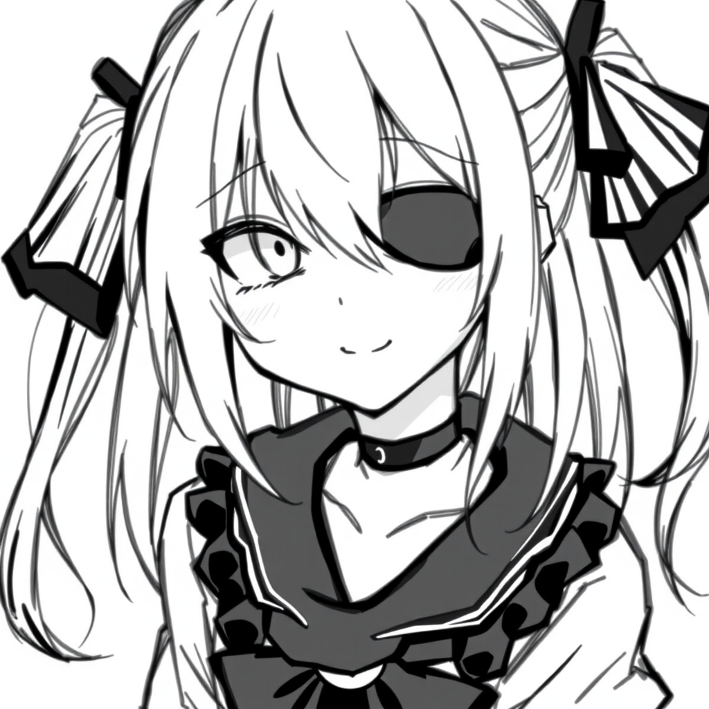 1girl, Best quality, quan,hyouuma,wanke,nikorashi-ka,sofra,you shimizu, voice actor connection, white background, looking at viewer, monochrome, hair between eyes, closed mouth, smile, cosplay, sketch, long hair, greyscale, eyepatch, twintails, low twintails, portrait, kagune (tokyo ghoul), solo, crossover, simple background,