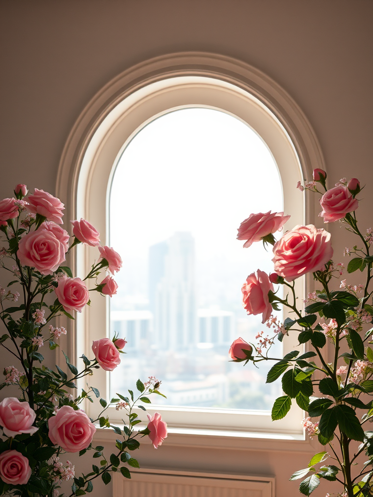 a beautiful indoor scene with a large arched window framed by pink roses and delicate flowers, overlooking a city skyline, bright natural light flooding the room, soft shadows, f/2.8 aperture, ISO 100, 24mm lens, DSLR camera, soft focus style, high resolution