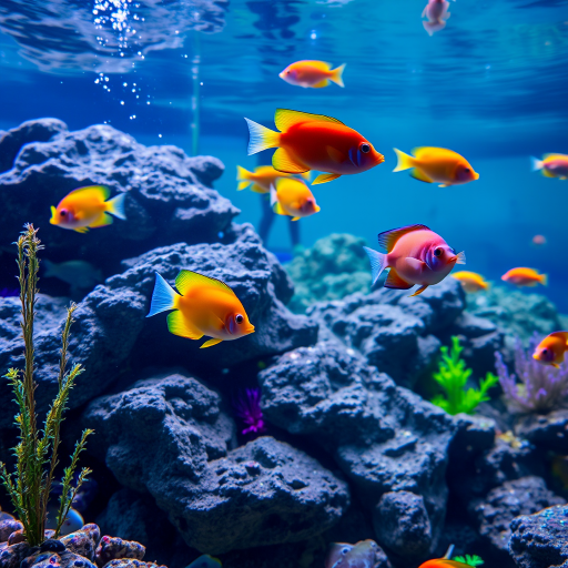 create a vibrant underwater scene featuring colorful fish swimming amidst rocks and aquatic plants in a well-lit aquarium, using a DSLR camera with a 50mm lens, f/2.8 aperture, 1/125s shutter speed, and ISO 200 for enhanced clarity and depth of field.