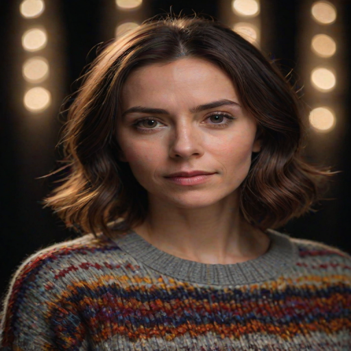 A closeup portrait photo of a woman with medium length hair who gazing directly at the camera with a neutral expression. She is wearing a multicolored knitted sweater against a dark background. Spotlight illumination