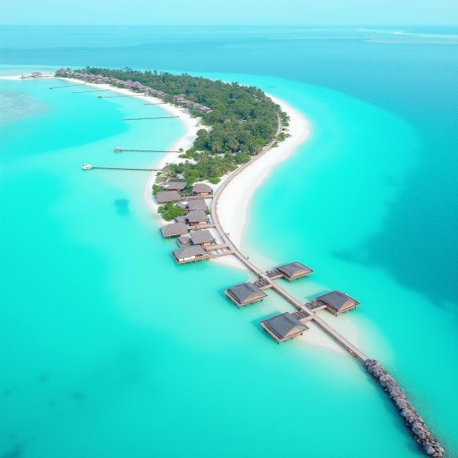 A high-quality, realistic aerial photo, a stunning travel and architectural shot, captured with a DJI Mavic 3 Pro or a Canon EOS R5 with a Canon RF 15-35mm f/2.8L IS USM lens (simulating a drone perspective). The image presents an exquisite overwater bungalow resort, likely in the Maldives, curving along a narrow, pristine white sand spit. The resort features numerous individual bungalows with traditional thatched or natural-toned roofs, connected by a long, elegant wooden boardwalk that follows the contour of the land.
