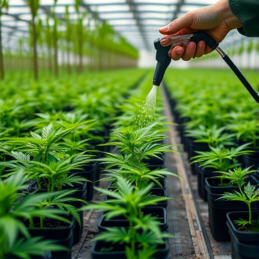 Close-up of a lush cannabis cultivation greenhouse with rows of young plants in black pots, evenly spaced, being watered by a hand-held sprayer, macro lens, f/4 aperture, 1/200 sec shutter speed, ISO 100, natural lighting with soft focus background.