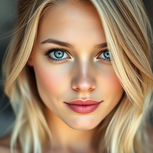 Portrait of a woman with blonde hair and blue eyes, soft natural lighting, shallow depth of field, 50mm lens, f/1.8 aperture, ISO 100, shot in RAW format, 85-degree angle, to enhance detail and clarity.