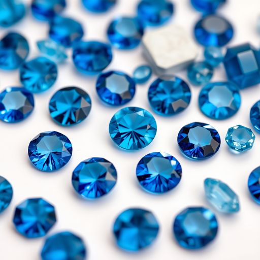 close-up shot of assorted blue gemstones on a white background, DSLR camera, f/2.8 aperture, 50mm lens, ISO 100, natural lighting for enhanced color vibrancy and sharpness