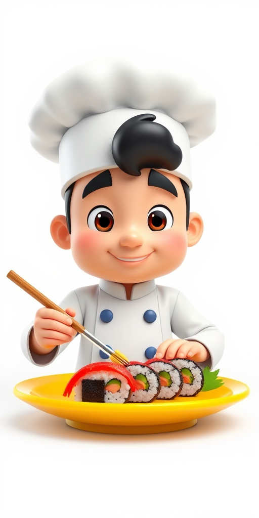 Create a 3D render of a cartoon chef character with a chef hat, preparing sushi on a vibrant yellow plate, lens: 50mm, aperture: f/1.8, ISO: 100, lighting: soft box, style: hyper-realistic, camera type: DSLR, composition: centered with a white background for clarity.