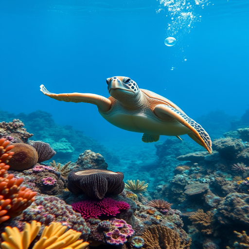 regenerate an underwater scene featuring a sea turtle swimming gracefully among vibrant coral reefs, with bubbles rising around it, use a Canon EOS R5 with a 24-70mm f/2.8 lens, aperture set to f/5.6, shutter speed 1/200s, ISO 100, shot in macro mode at a wide angle for enhanced detail and clarity