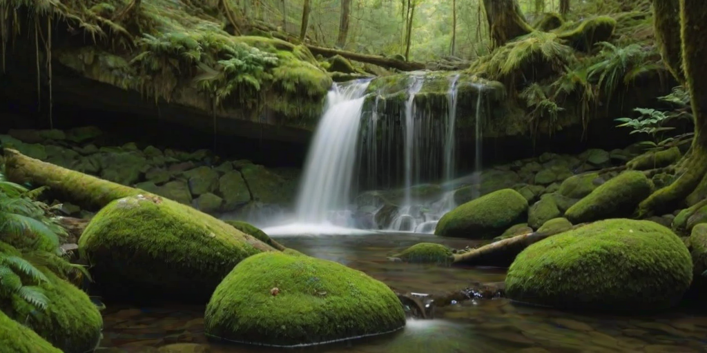 Soft-focus image of a serene waterfall cascading down moss-covered rocks, surrounded by lush greenery and soft beams of light filtering through the trees above.