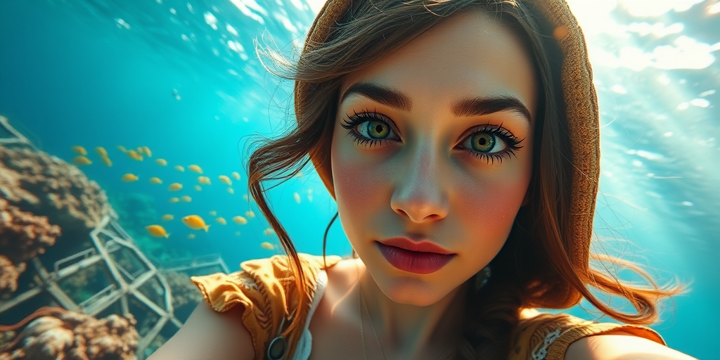 Realistic selfie image of a Mizrahi, wearing a vintage outfit, detailed dreamy eyes, droopy hooded eyes, staring at the camera, taken underwater at coral reef with a sunbeam filtering through the water, vibrant, summer vacation, natural lighting, turtle and school of tropical fish with vibrant colors, rendered in the style of CryEngine, Pegi Nicol MacLeod, with realistic genre scenes, hauntingly beautiful narratives, ultra-realism, and Thomas Saliot's close-up technique, 8K resolution, crystal clear and sparkling water.