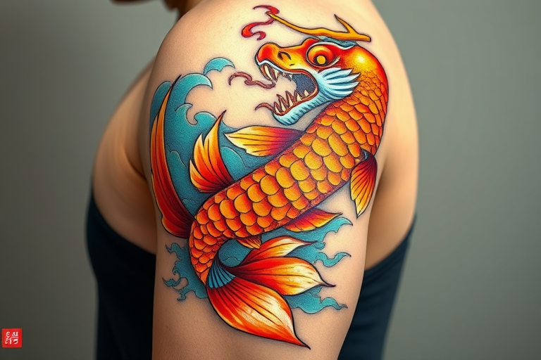 Japanese-style koi fish swimming up arm, transforming into dragon at shoulder, vibrant oranges and reds with blue wave accents