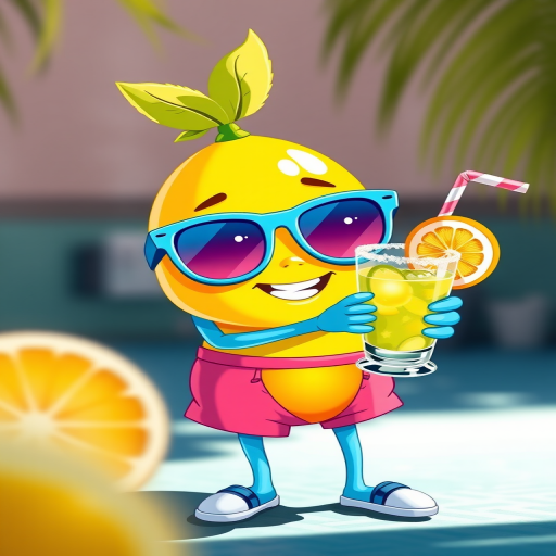 Create a vibrant illustration of a cute lemon character wearing blue sunglasses and pink shorts, holding a tropical drink with a slice of lemon, using a bright color palette and a playful style, captured in a 50mm lens with f/2.8 aperture, natural light, and a shallow depth of field to enhance details and vibrancy.