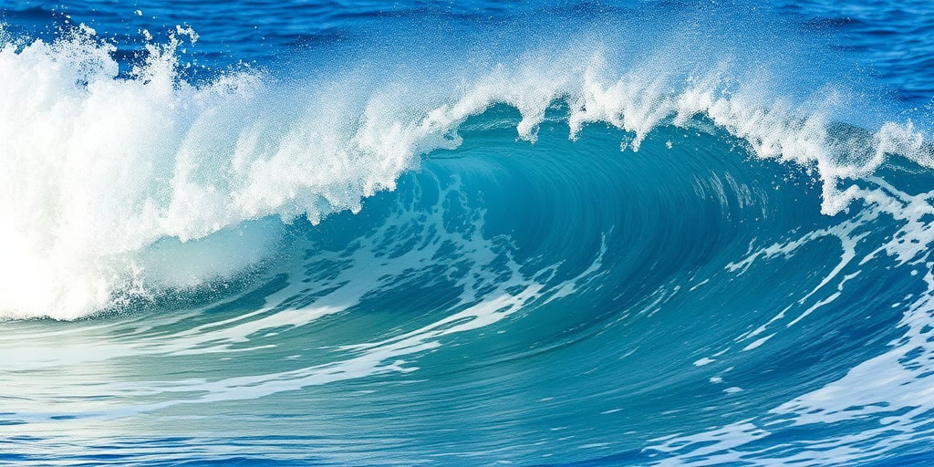 create a high-resolution watercolor painting of a dynamic ocean wave with splashing white foam, using a Canon EOS 5D Mark IV camera, f/8 aperture, ISO 100, 50mm lens, shot in bright daylight with a focus on rich blues and textures in the wave, highlighting the interplay of light and water.