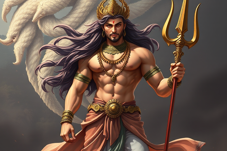 Create a high-resolution digital illustration of a muscular deity figure standing confidently with a trident, detailed flowing hair, ornate clothing, and a serene expression, using a DSLR camera with a 50mm lens, f/1.8 aperture, ISO 100, and natural lighting for enhanced shadows and highlights.
