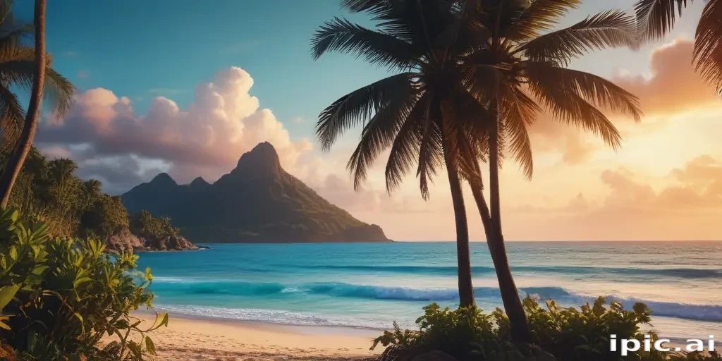 Serene Tropical Beach Scene with Lush Palm Trees and Majestic Mountains