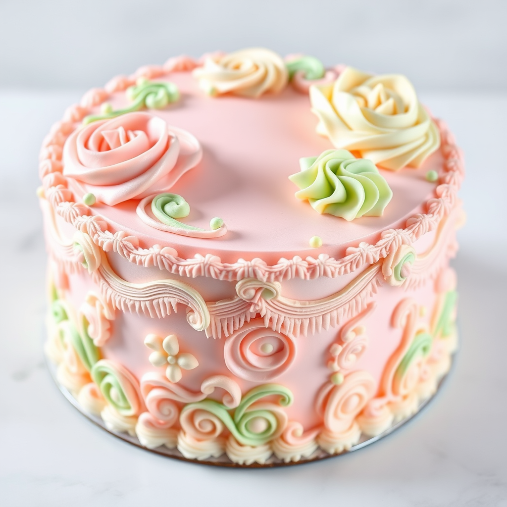 Create an image of an elegantly decorated cake featuring intricate frosting designs in soft pastel colors including pink green and cream the cake should have ornate piping that resembles floral patterns with roses and decorative fringes on the sides and a smooth finish on the top showcasing an aesthetic and luxurious appearance