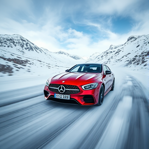A dynamic shot of a red Mercedes car speeding through a snowy mountain landscape, captured with a Canon EOS R5 camera at f/2.8, ISO 100, shutter speed 1/1000s, wide-angle view, HDR imaging style for enhanced contrast and detail.