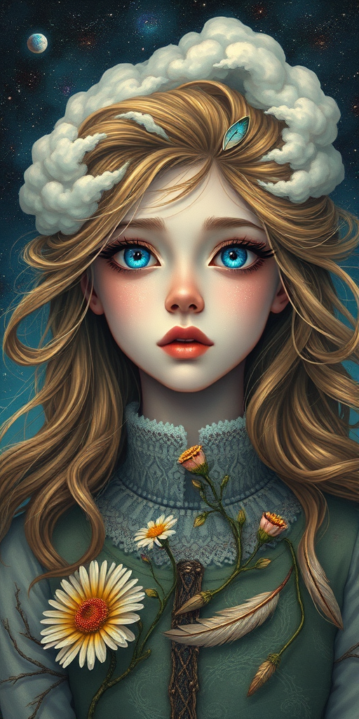 Create a series of imaginative portraits where each subject is infused with elements of fantasy and nature. The hair of the individuals should flow like clouds, varying from soft, fluffy cumulus to wispy cirrus strands, with hints of color reflecting a sunset or a clear blue sky. The eyes should be windows to entire galaxies, with stars, nebulae, and distant planets visible within them. Clothing should be adorned with nature motifs, such as floral patterns that bloom and change, vines that seem to grow and wrap around, or feathers that shimmer with iridescence. Each portrait should capture a unique personality, blending human features with the ethereal beauty of the natural and cosmic world. The backgrounds can vary, from starry night skies to enchanted forests, adding depth and context to the magical realism of the portraits