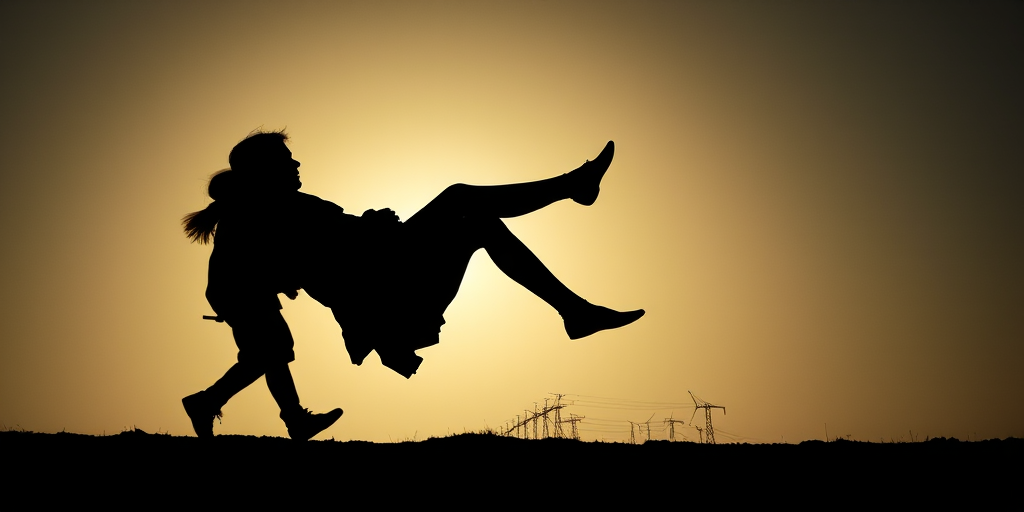 Create a high-contrast silhouette of two figures in motion, one figure appearing to carry the other, shot with a Canon EOS R5 at f/4, ISO 100, 1/200 sec, using a wide-angle lens from a low perspective to enhance depth.