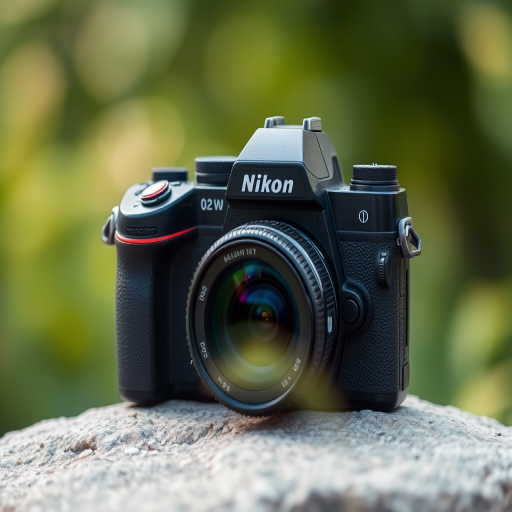 Nikon camera resting on a stone with a blurred green background, shallow depth of field, f/2.8 aperture, 50mm lens, 1/200s shutter speed, taken in natural light, macro photography style, DSLR type.