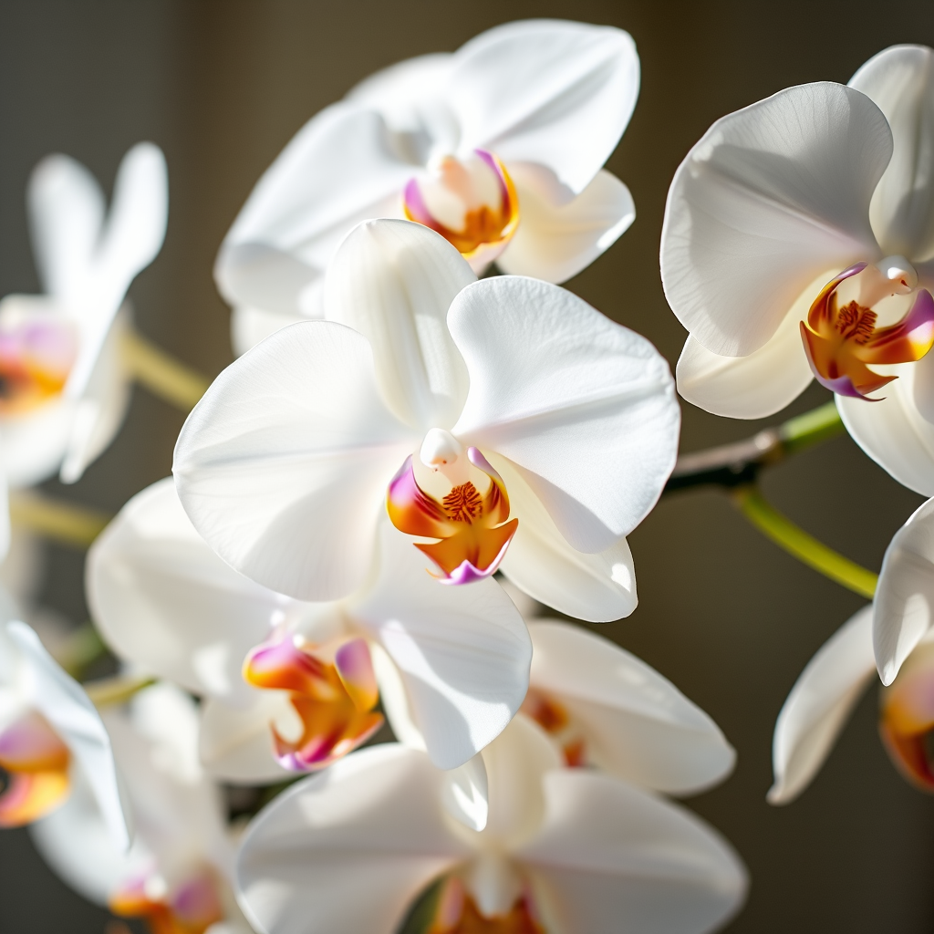 Close-up shot of white orchids in natural light, using a Canon EOS 5D Mark IV, aperture f/2.8, shutter speed 1/250 sec, ISO 100, 50mm lens, focusing on the intricate details of the petals and their vibrant colors.
