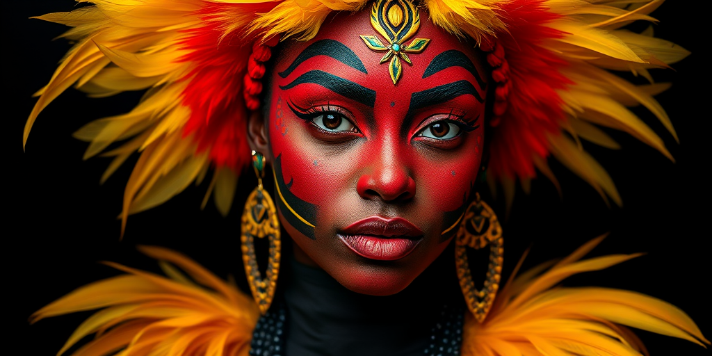 Create a high-resolution portrait of a model with bold face paint in red, black, and yellow, adorned with striking feather accessories, captured with a Canon EOS R5 at f/1.8, ISO 100, 1/200s, utilizing a shallow depth of field and a softbox for even lighting against a black background.
