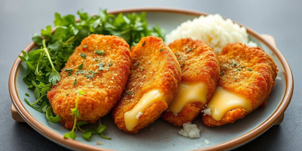 A beautifully plated dish of four pieces of cheese-filled katsu, crispy golden-brown with herbs sprinkled on top, accompanied by a side salad of microgreens and a small serving of fluffy white rice, shot with a Canon EOS R5, 50mm lens, f/1.8 aperture, ISO 100, natural lighting for a bright and appetizing look.