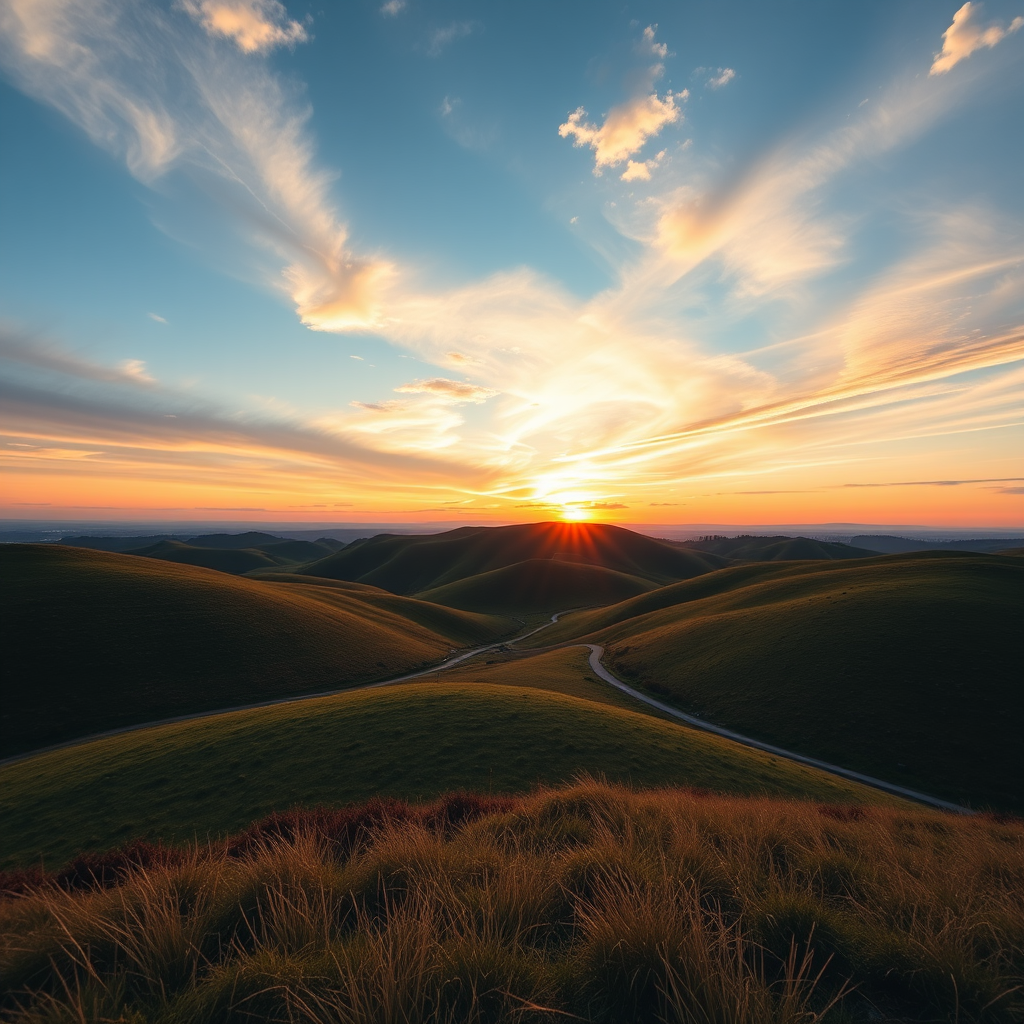 Generate a high-resolution image of a serene landscape featuring rolling hills and a sunset sky, captured with a DSLR camera at f/8 aperture, 1/250 sec shutter speed, ISO 100, using a wide-angle lens from a low angle for a dramatic perspective.