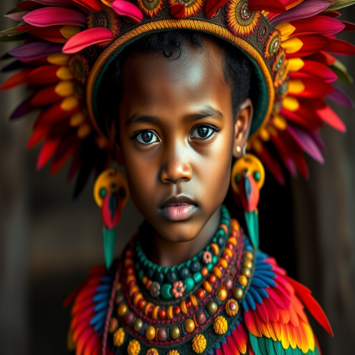A beautiful Melanesian girl, wearing colorful bird clothing with vibrant colors