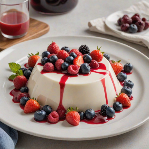 Create an image of a creamy panna cotta dessert served on a white plate. The panna cotta should have a smooth, glossy finish and be topped with a vibrant mix of fresh berries, including strawberries, raspberries, and blueberries, along with a drizzle of strawberry sauce. The setting should include a wooden serving board and a soft, blurred background with a glass of rose wine.