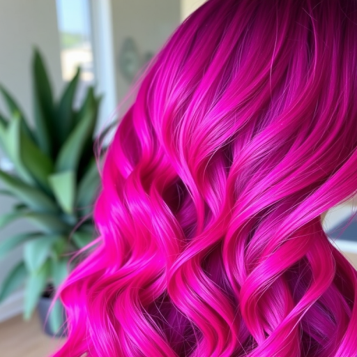 Vibrant magenta ombre hair cascading in loose waves, known as "Sunset Serenade," featuring subtle metallic highlights and a soft, feathered texture that catches the light beautifully